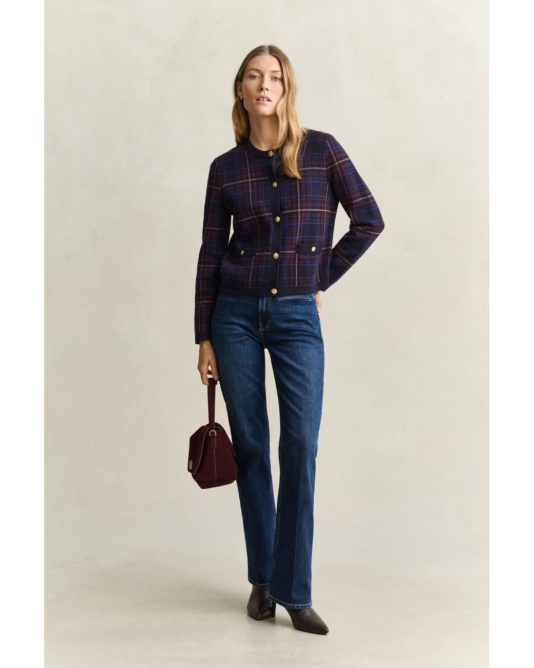 Gant Blue Knitted Check Cardigan Evening