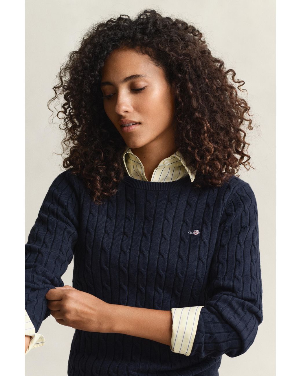 Gant Blue Stretch Cotton Cable Knit Crew Neck Sweater