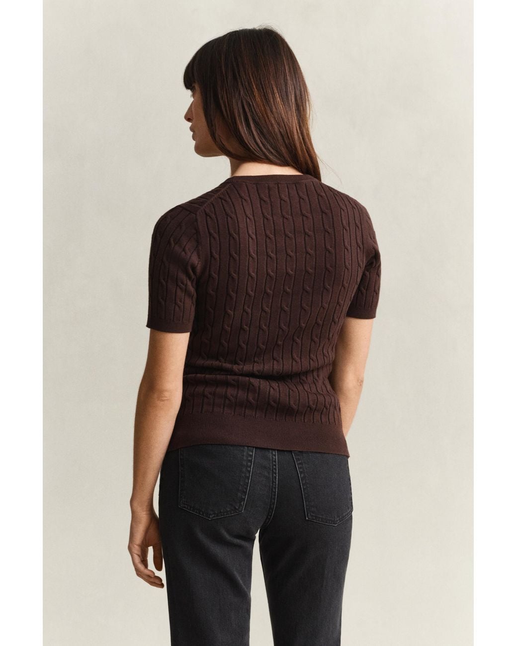 Gant Brown Stretch Cotton Cable Knit Short Sleeve Sweater Deep