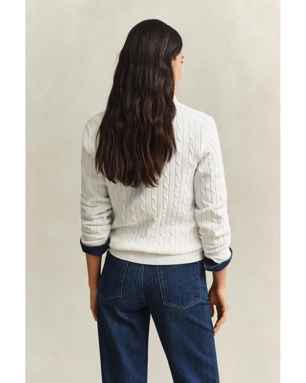 Gant White Stretch Cotton Cable Knit Half-Zip Sweater