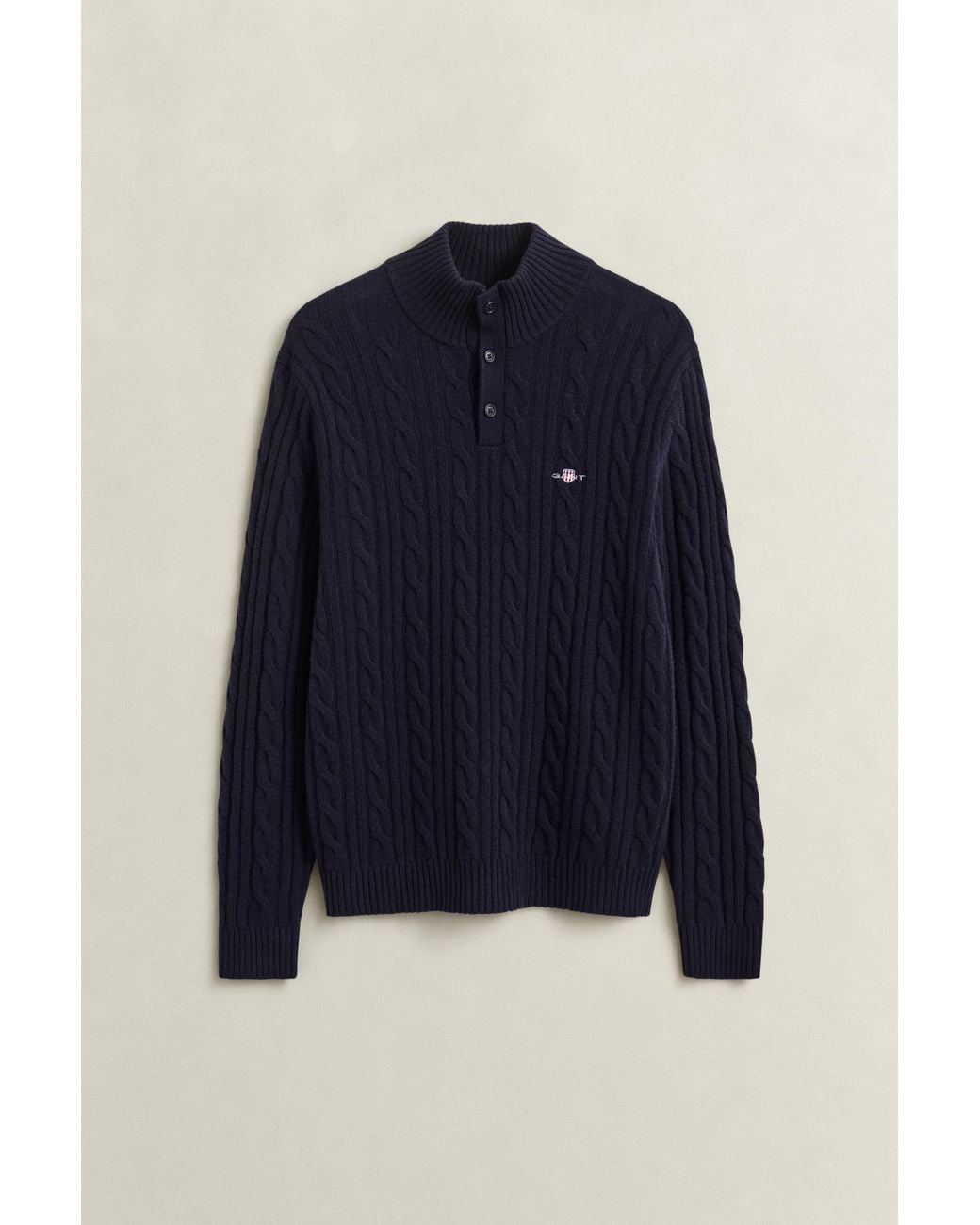 Gant Blue Lambswool Cable Knit Half-Buttoned Sweater Evening for men