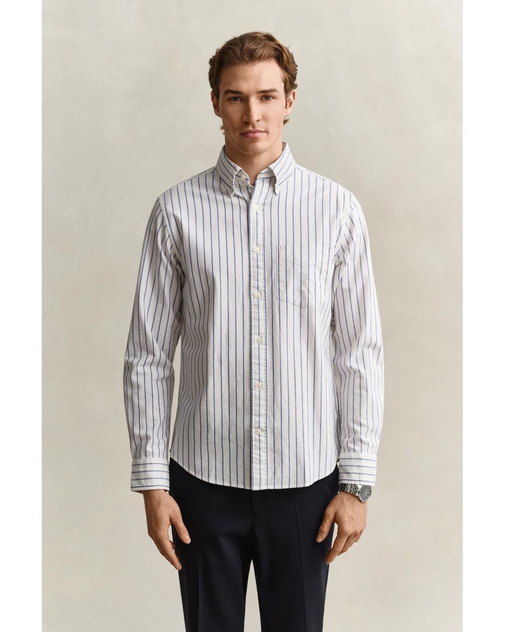 Gant Gray Striped Classic Oxford Shirt Cream for men