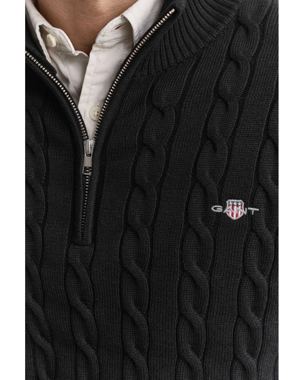 Gant Black Cotton Cable Knit Half-Zip Sweater for men