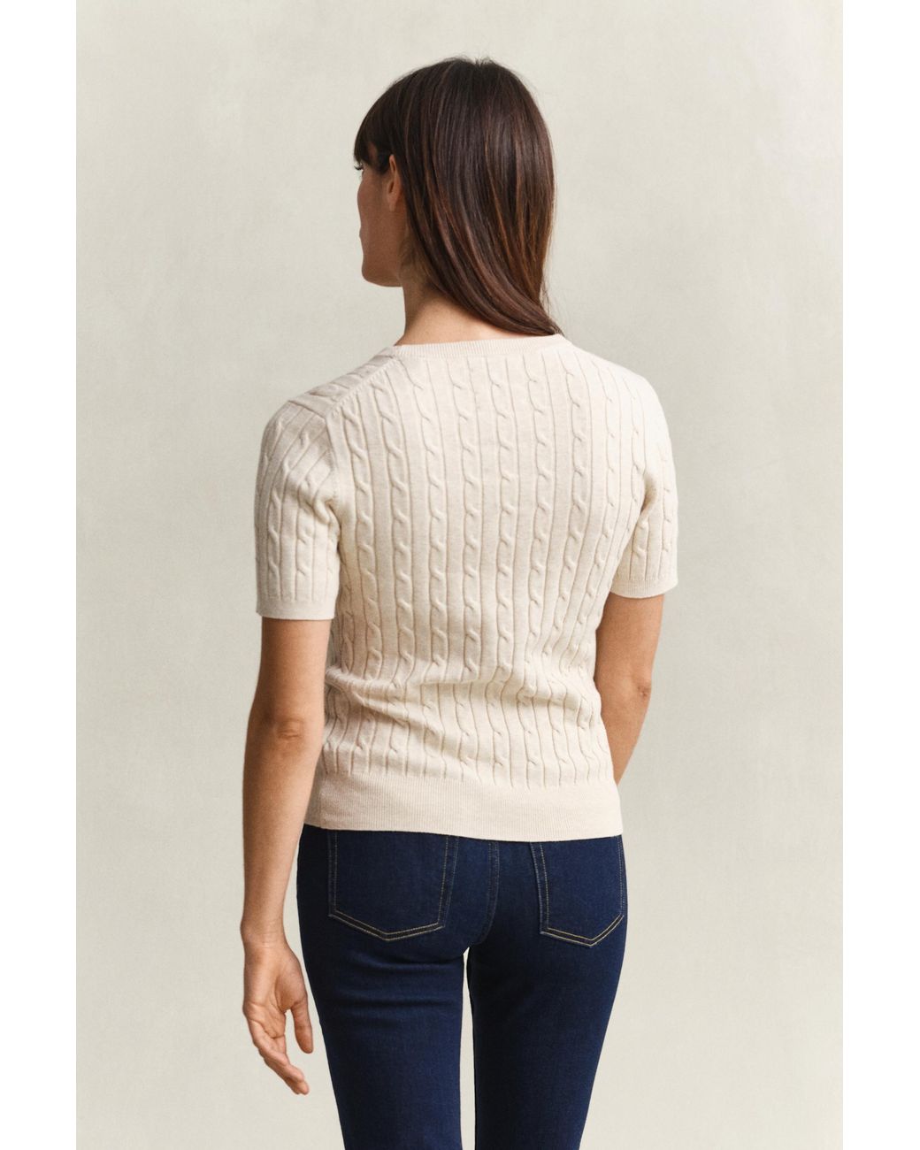 Gant Blue Stretch Cotton Cable Knit Short Sleeve Sweater