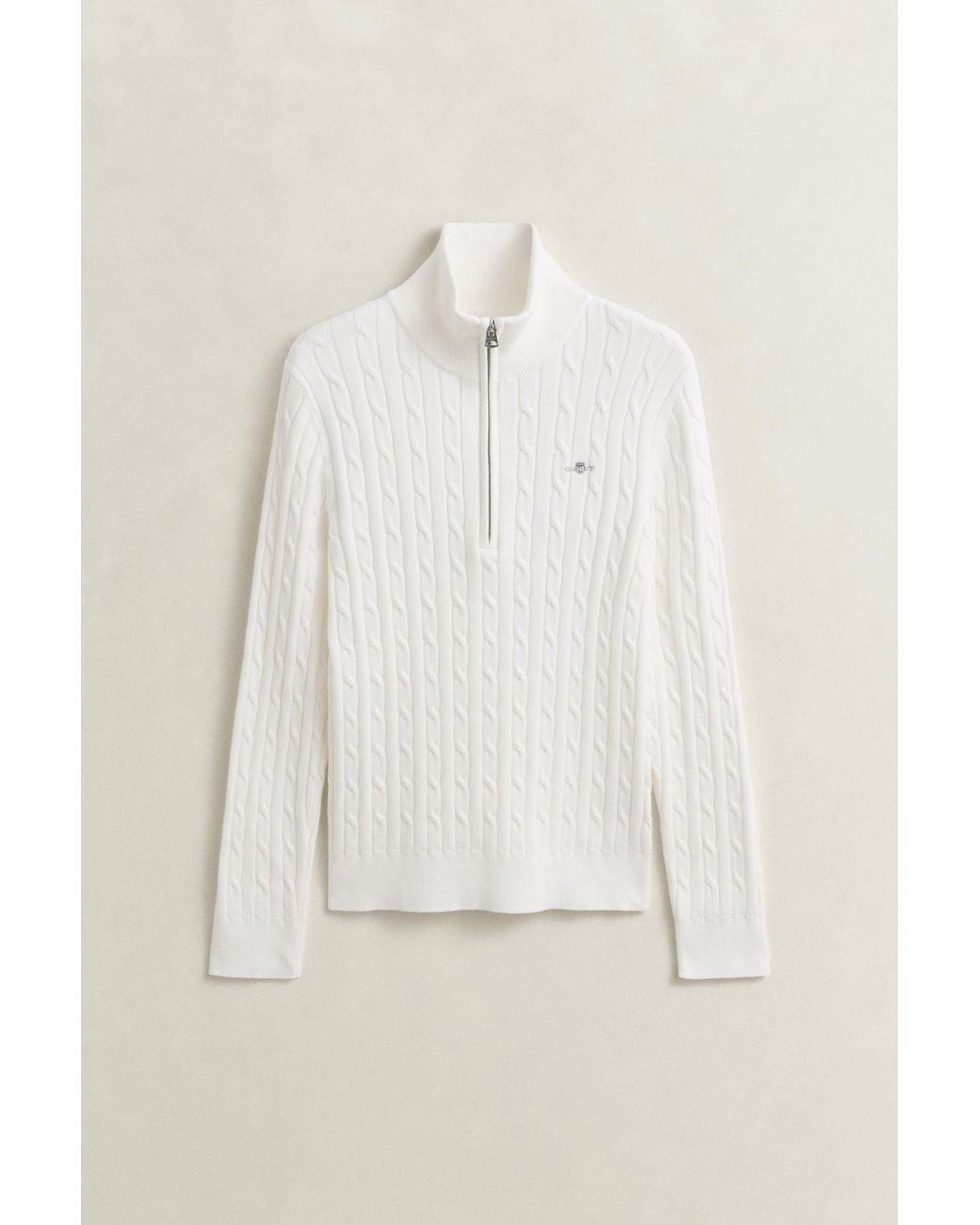 Gant White Stretch Cotton Cable Knit Half-Zip Sweater