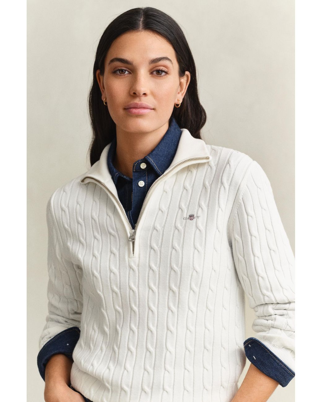 Gant White Stretch Cotton Cable Knit Half-Zip Sweater
