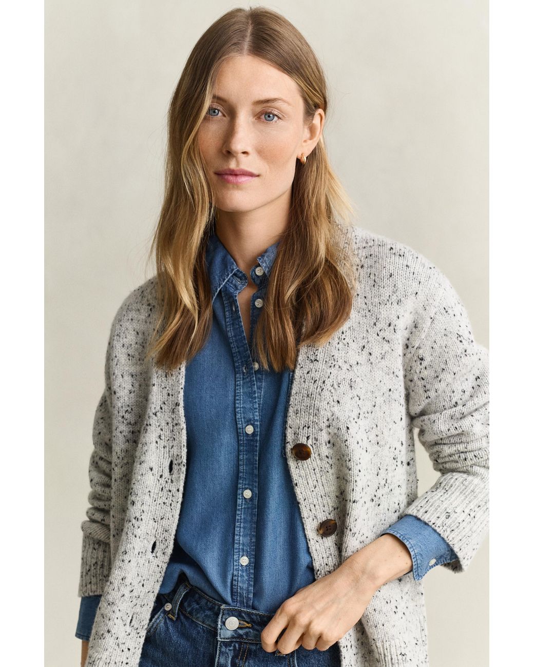 Gant Blue Wool Blend Nepps Cardigan Cream