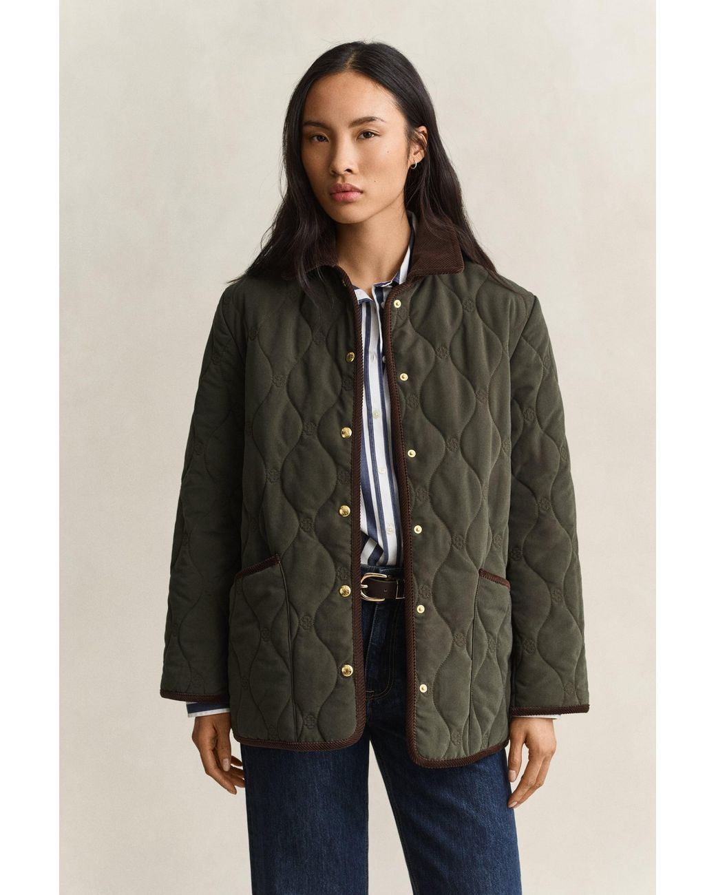 Gant Brown Monogram Quilted Jacket Dark Moss