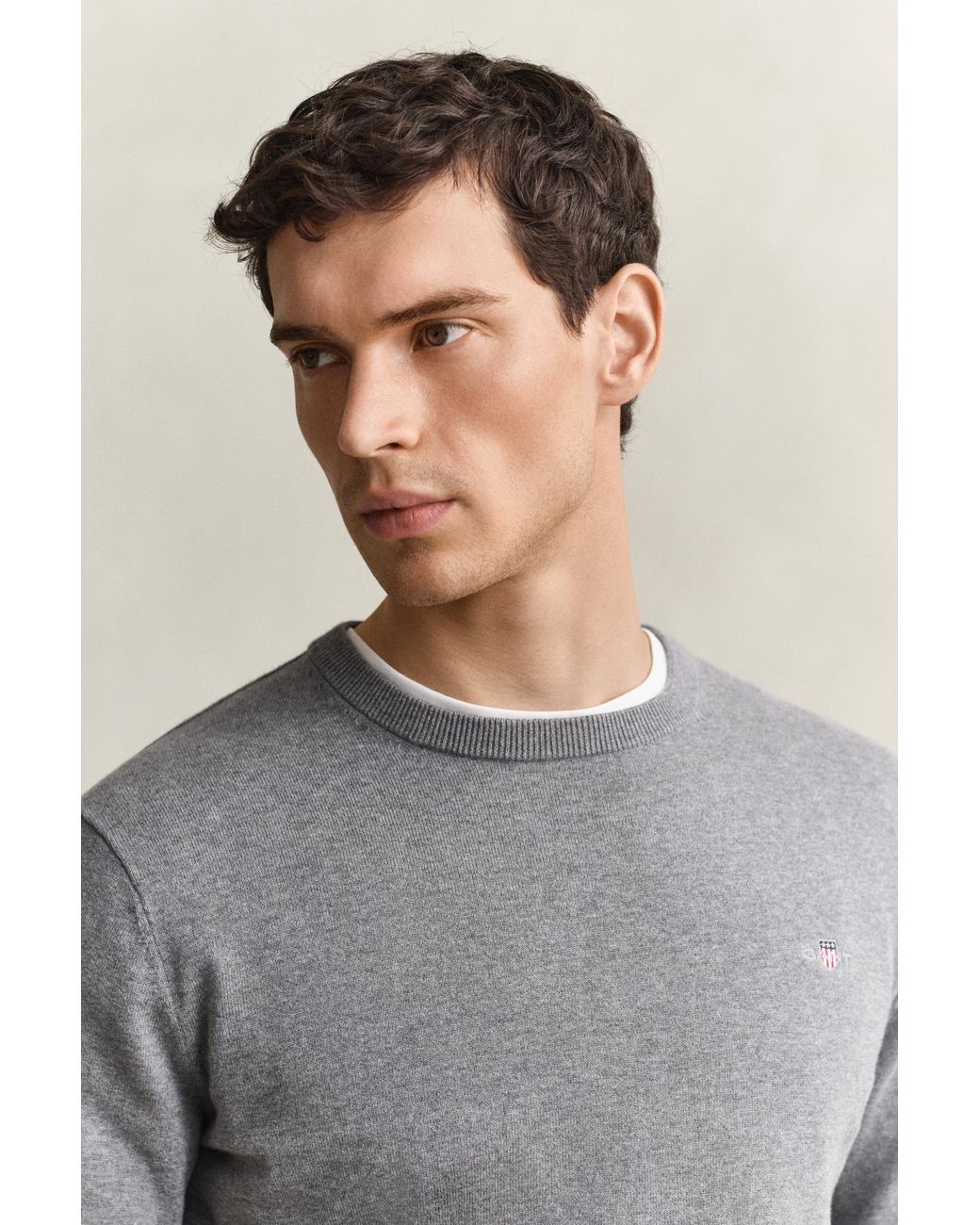 Gant Gray Cotton Crew Neck Sweater Melange for men
