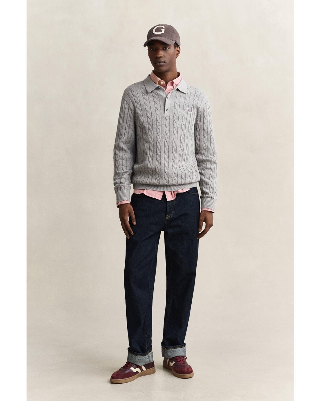 Gant Gray Cotton Cable Knit Polo Sweater Melange for men