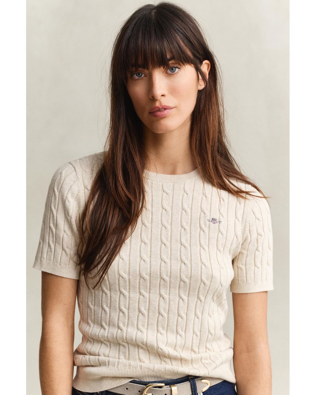 Gant Blue Stretch Cotton Cable Knit Short Sleeve Sweater