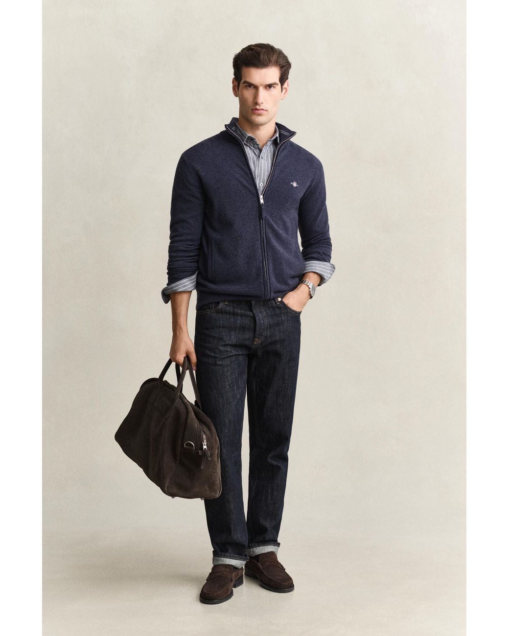 Gant Blue Lambswool Zip Cardigan Dark Melange for men