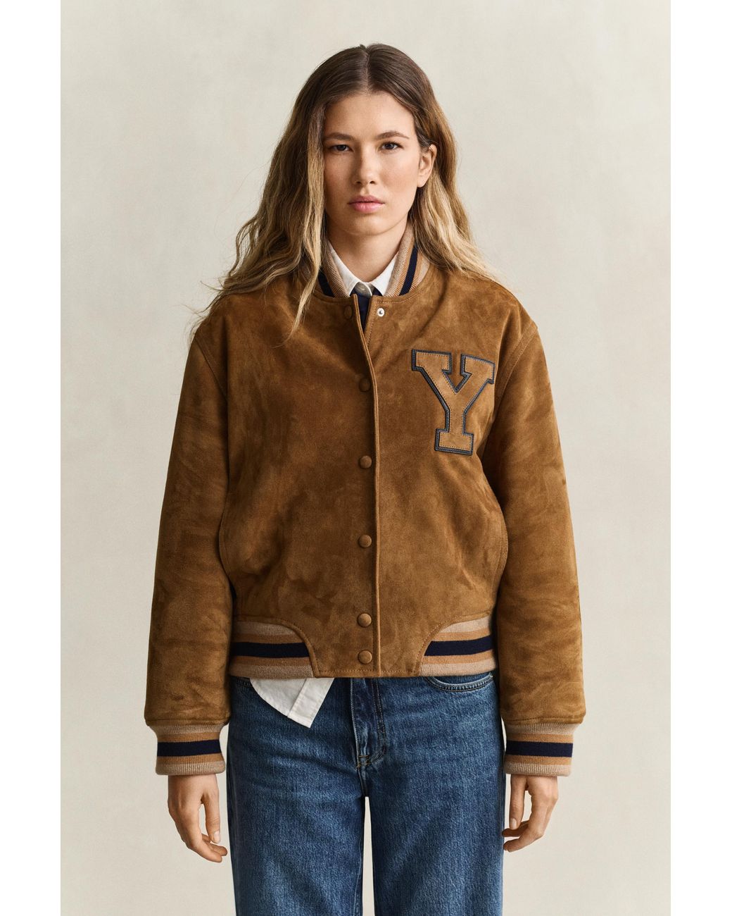 Gant Blue X Yale Suede Varsity Jacket Roasted Walnut