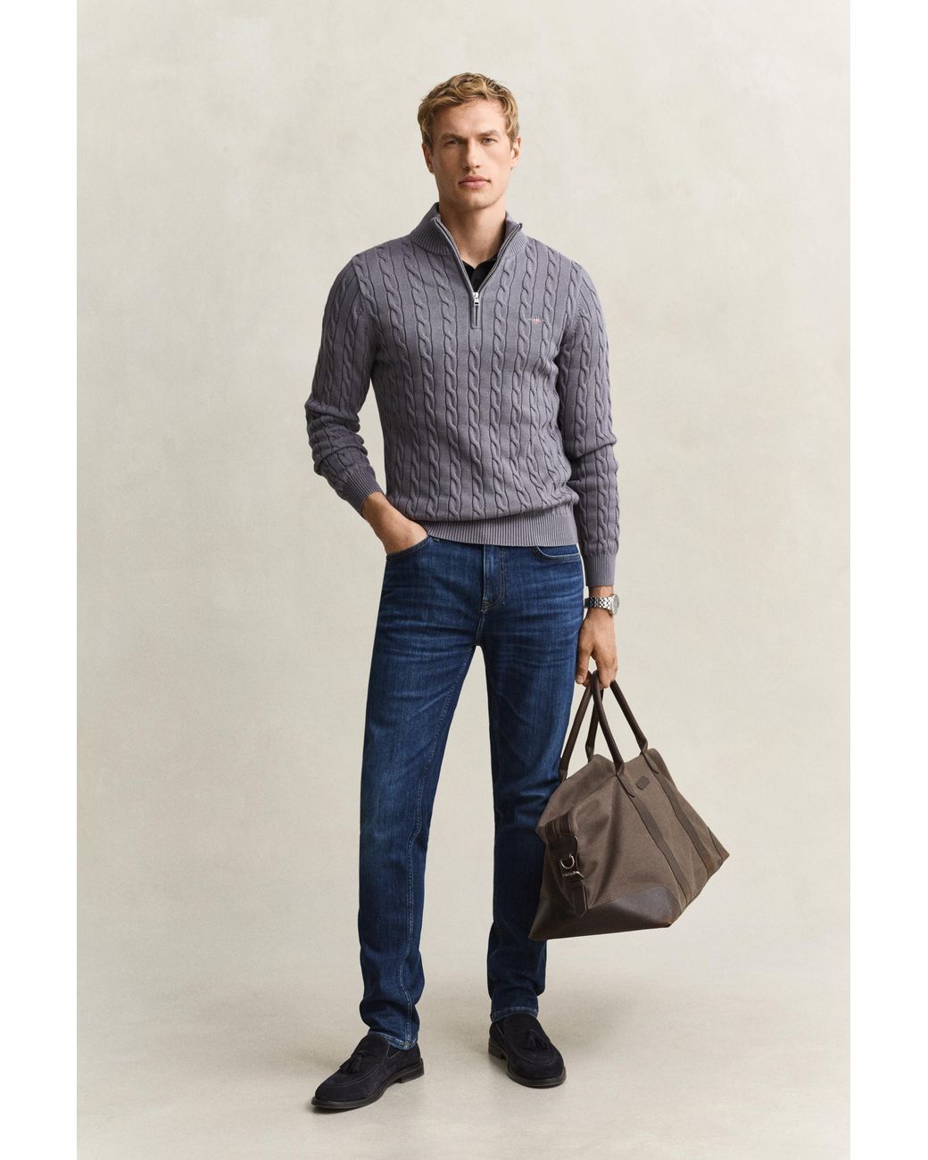 Gant Gray Cotton Cable Knit Half-Zip Sweater for men