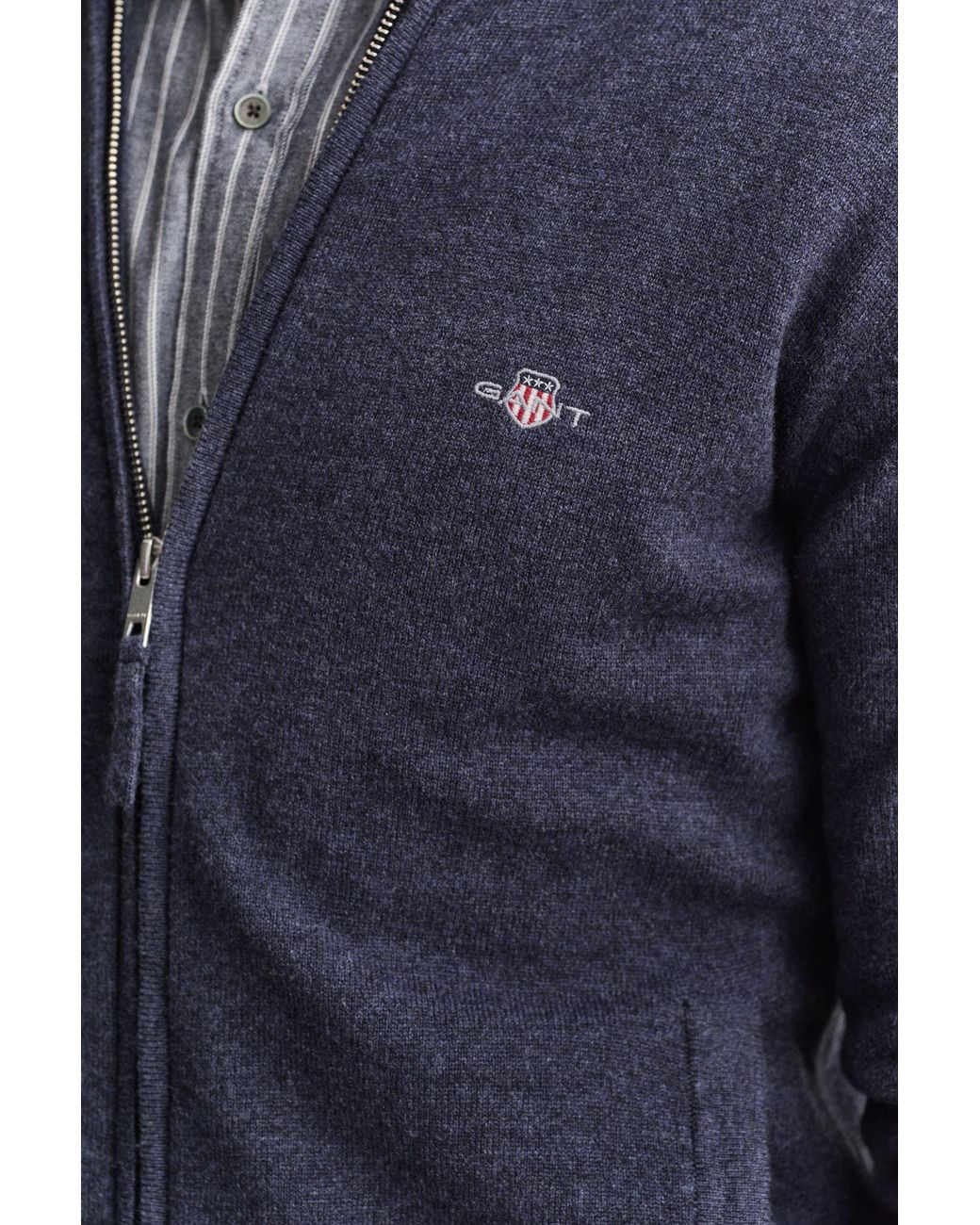 Gant Blue Lambswool Zip Cardigan Dark Melange for men