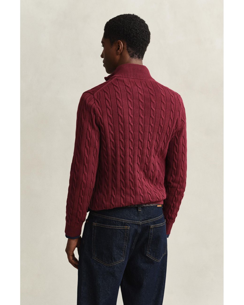 Gant Red Cotton Cable Knit Half-Zip Sweater for men