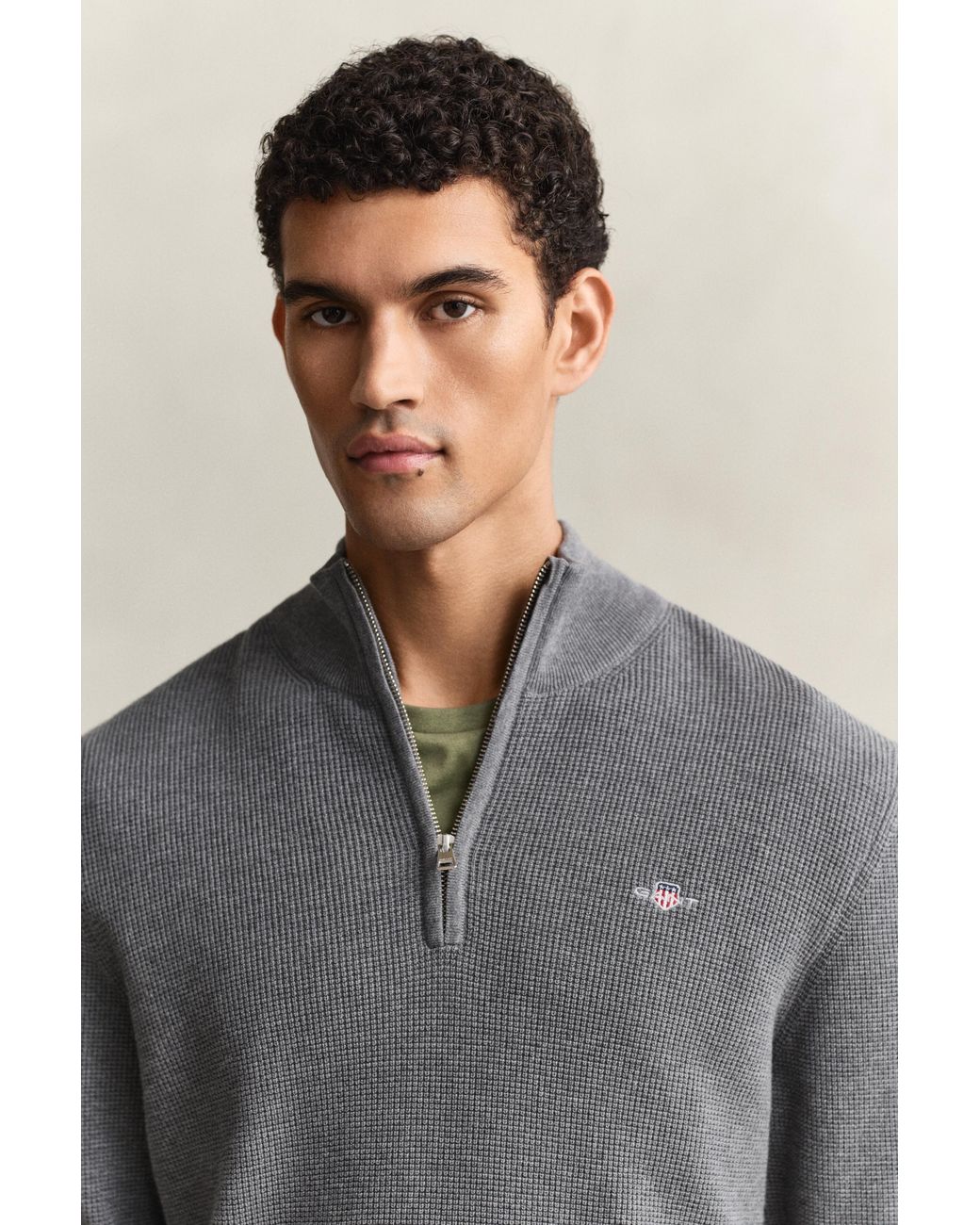 Gant Gray Textured Cotton Half-Zip Sweater Melange for men