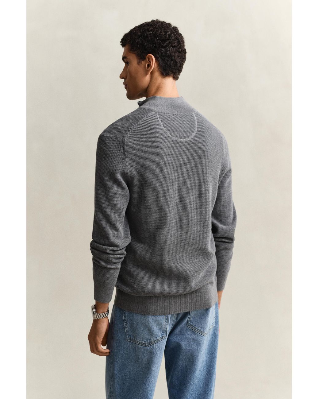 Gant Gray Textured Cotton Half-Zip Sweater Melange for men