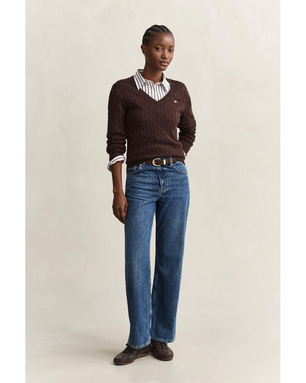 Gant Black Stretch Cotton Cable Knit V-Neck Sweater