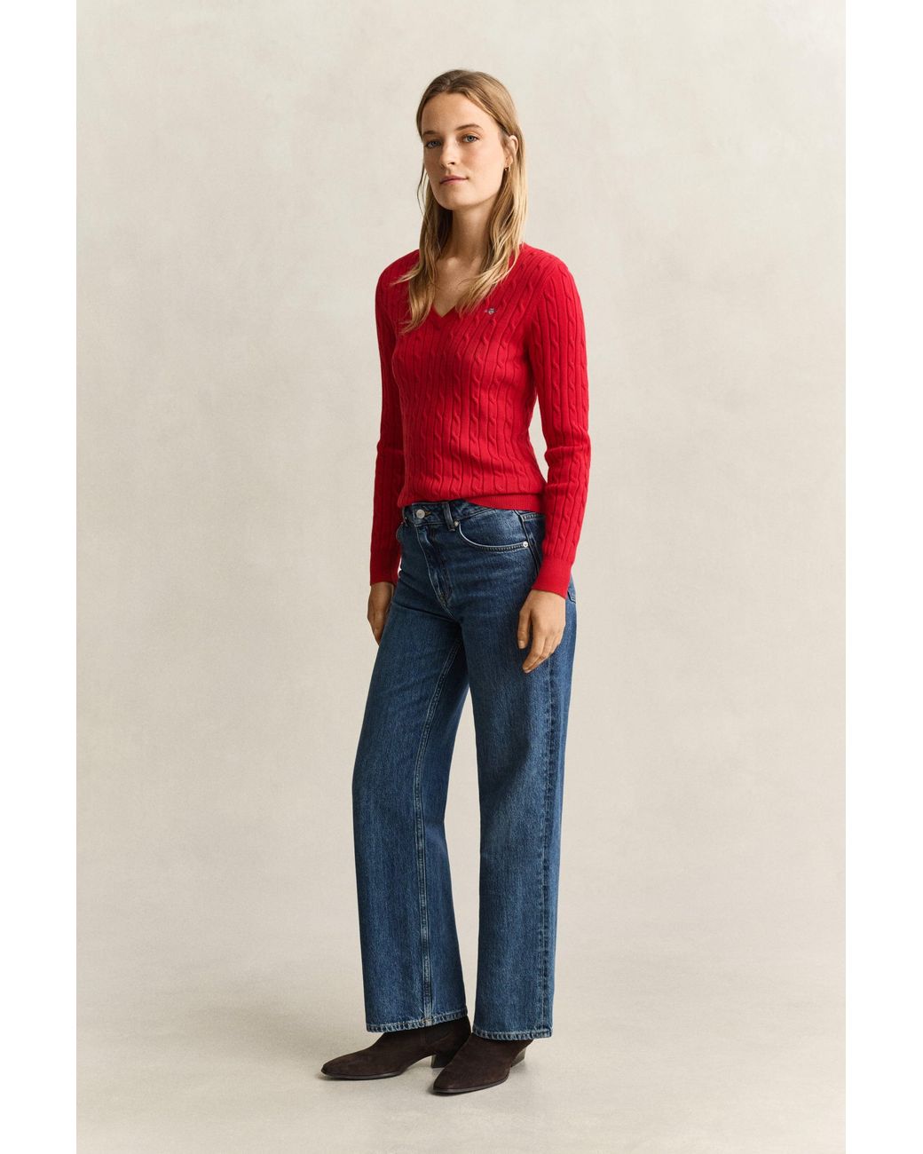 Gant Red Classic Cable Knit Sweater Ruby