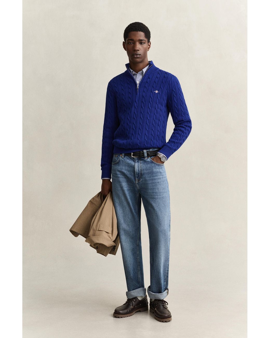 Gant Blue Cotton Cable Knit Half-Zip Sweater for men