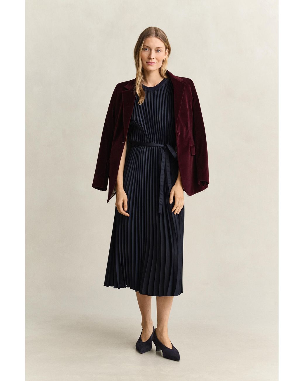 Gant Blue Pleated Belted Dress Evening