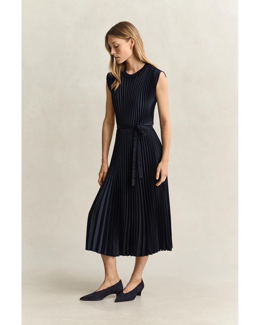 Gant Blue Pleated Belted Dress Evening