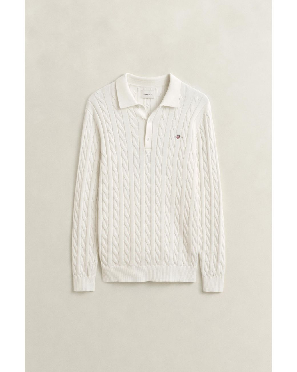 Gant Natural Cotton Cable Knit Polo Sweater Cream for men
