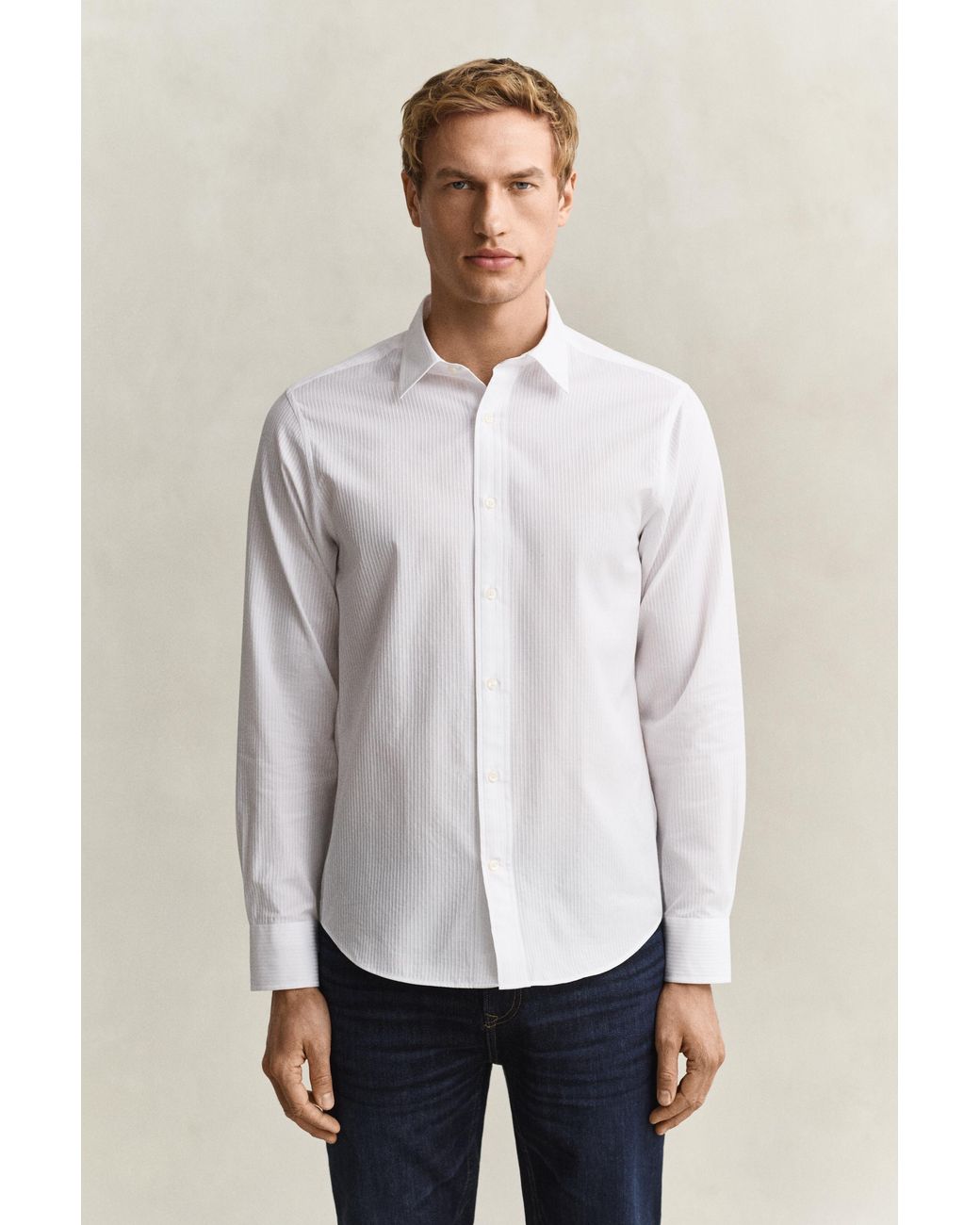Gant White Regular Fit Dobby Striped Shirt for men