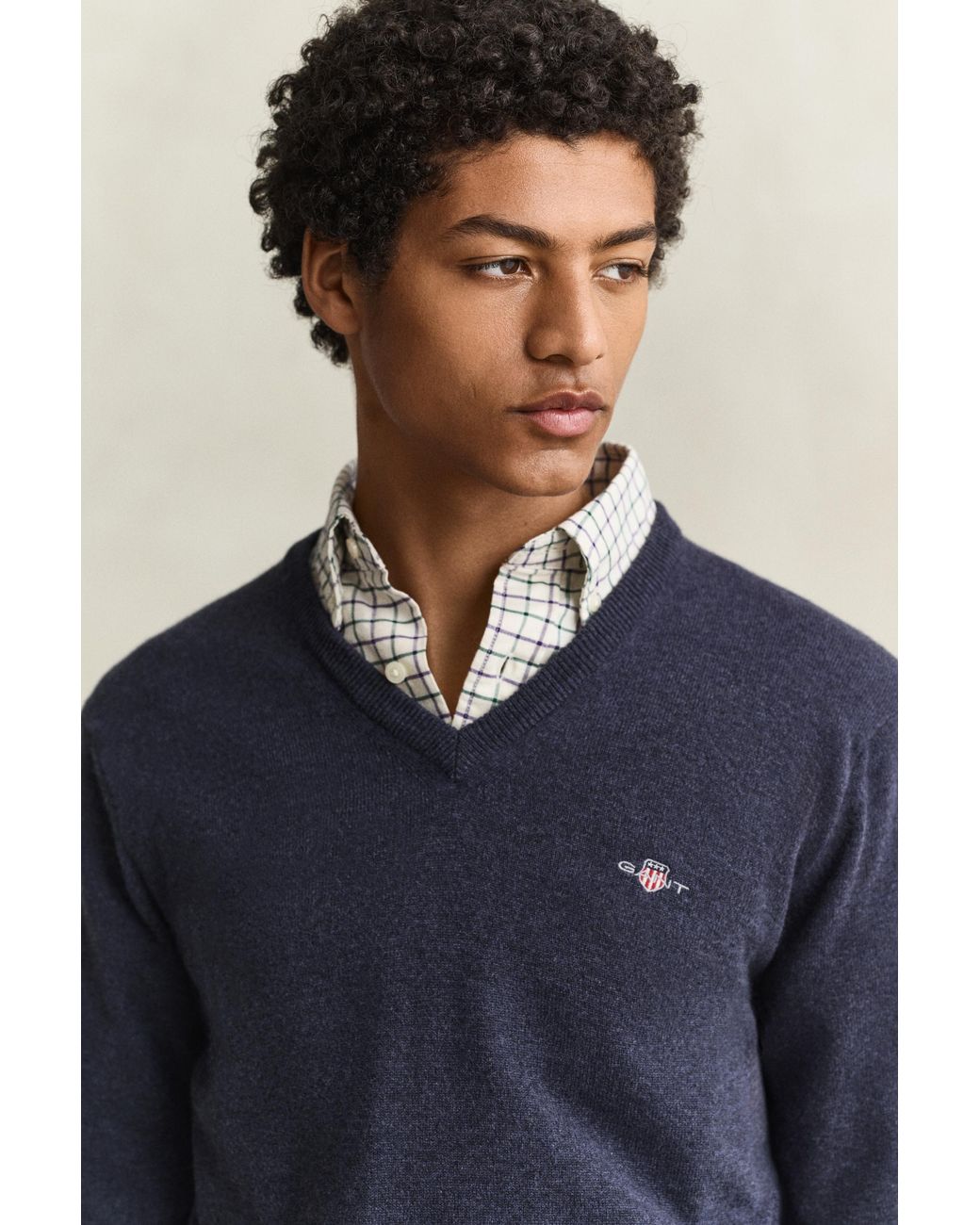 Gant Blue Lambswool V-Neck Sweater Dark Melange for men