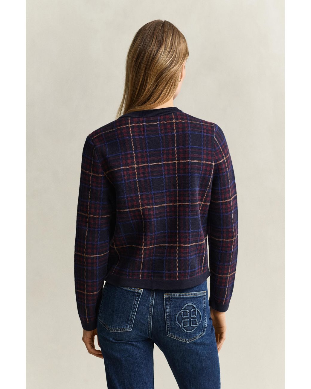 Gant Blue Knitted Check Cardigan Evening