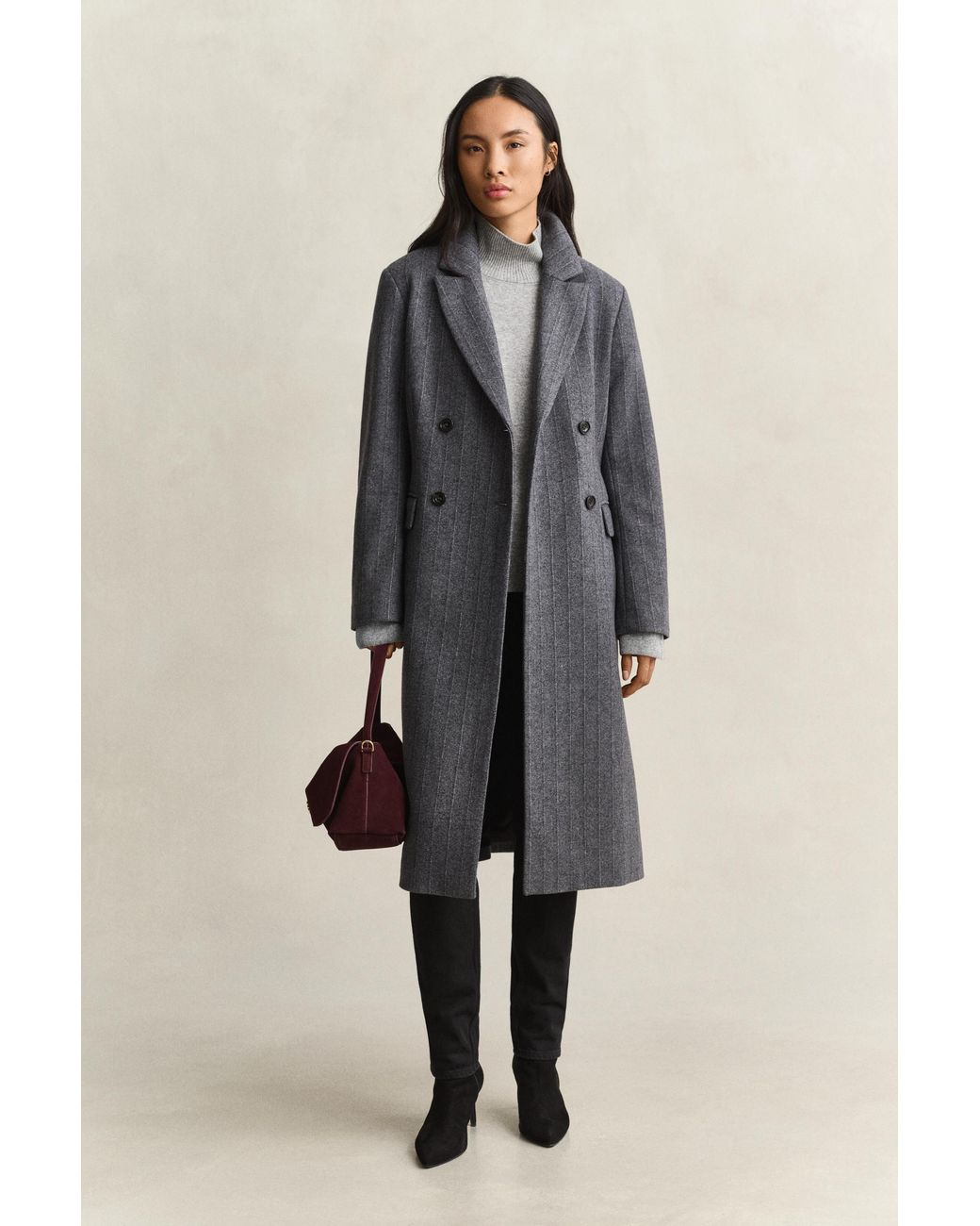 Gant Gray Striped Wool Blend Coat Charcoal Melange