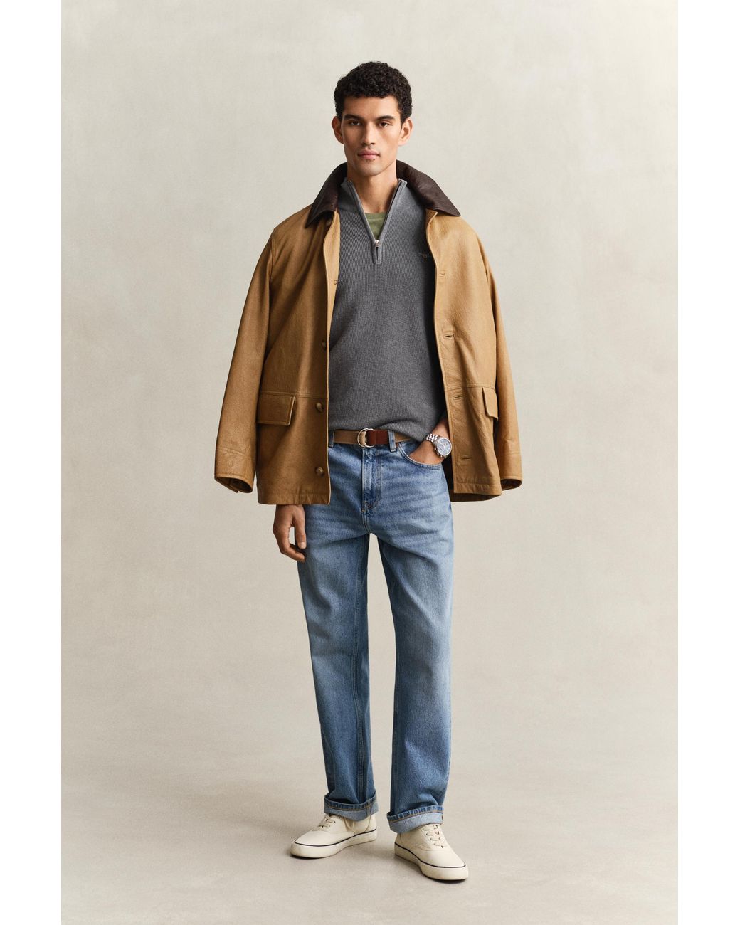 Gant Gray Textured Cotton Half-Zip Sweater Melange for men