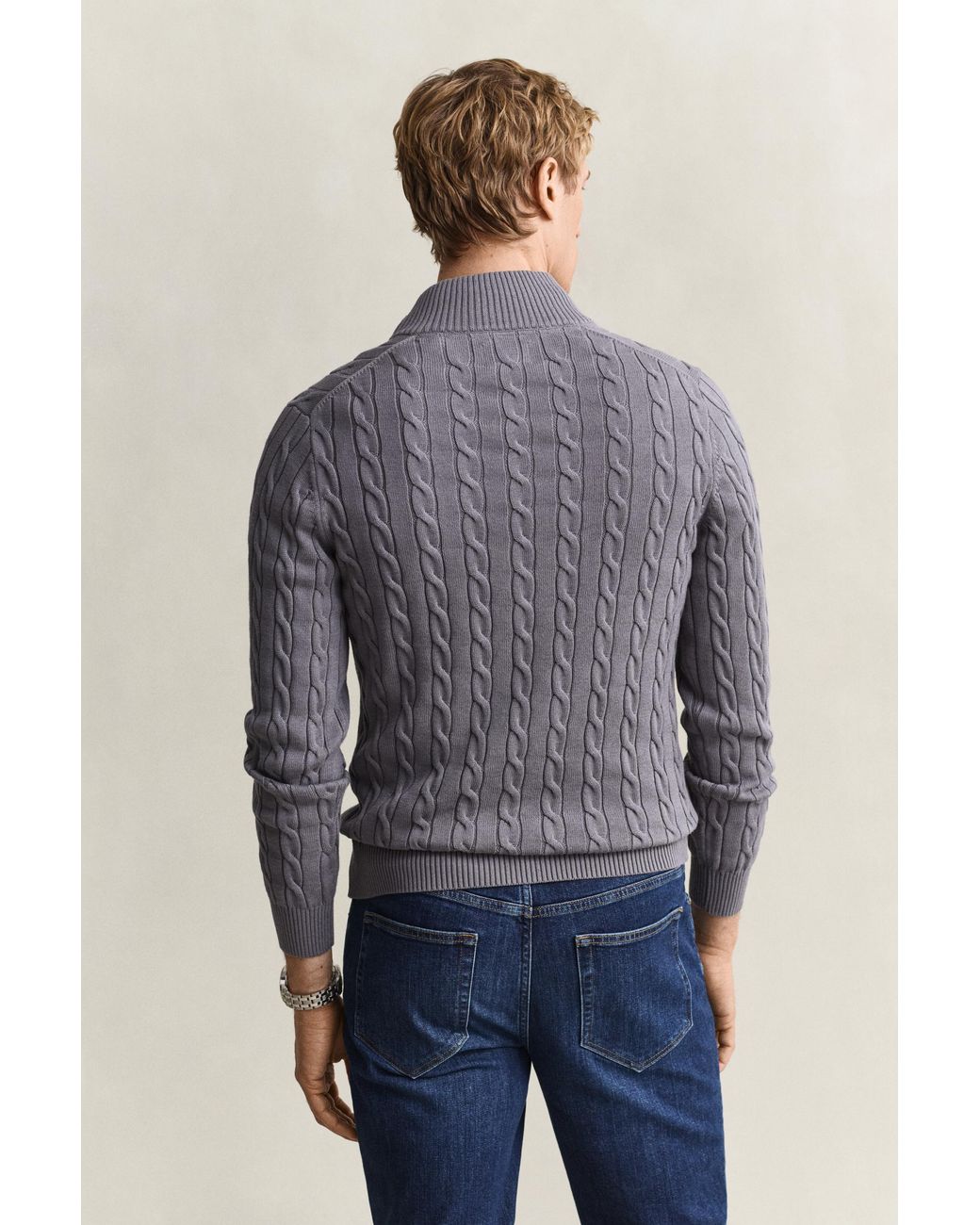 Gant Gray Cotton Cable Knit Half-Zip Sweater for men