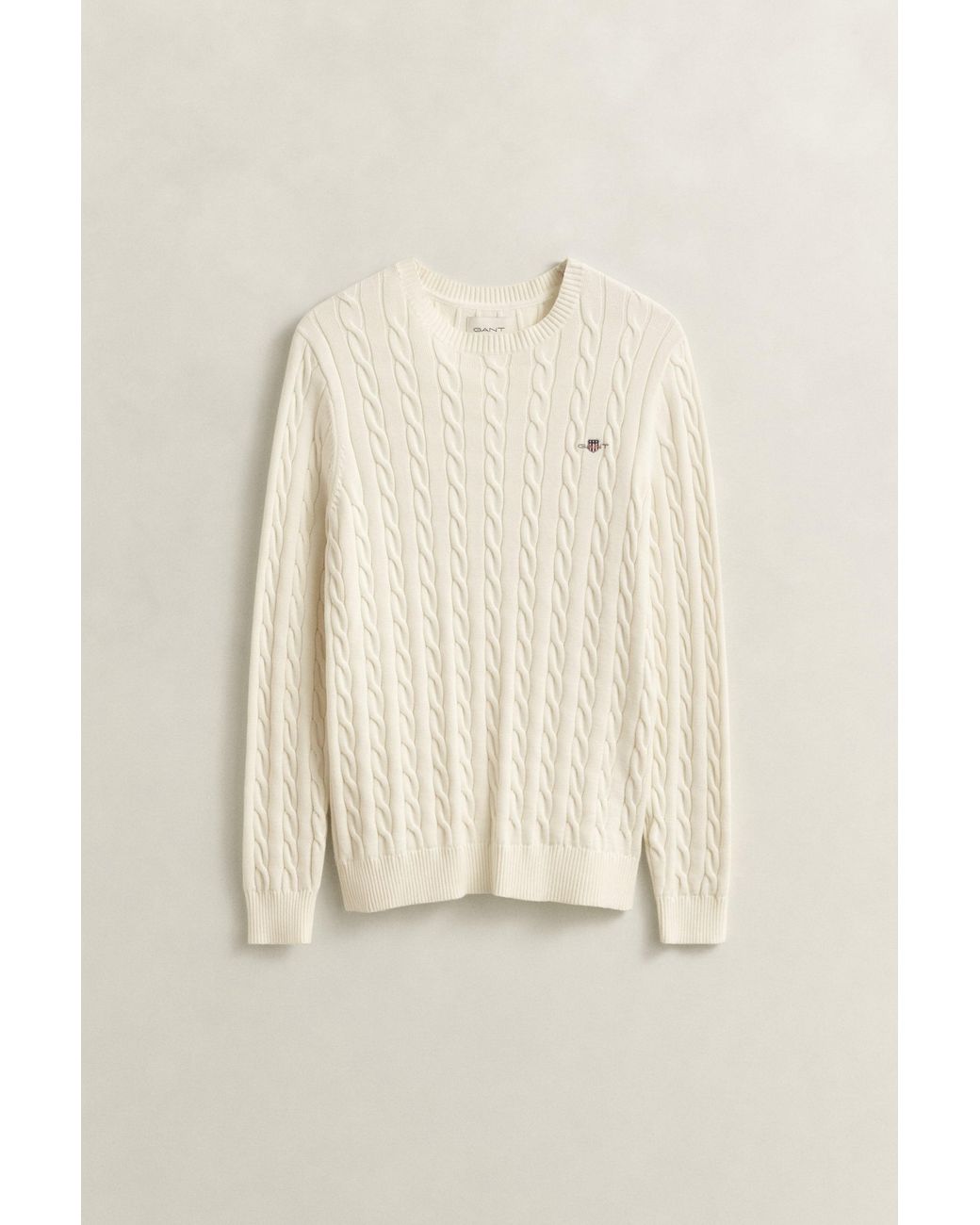 Gant White Classic Cable Knit Sweater Cream for men