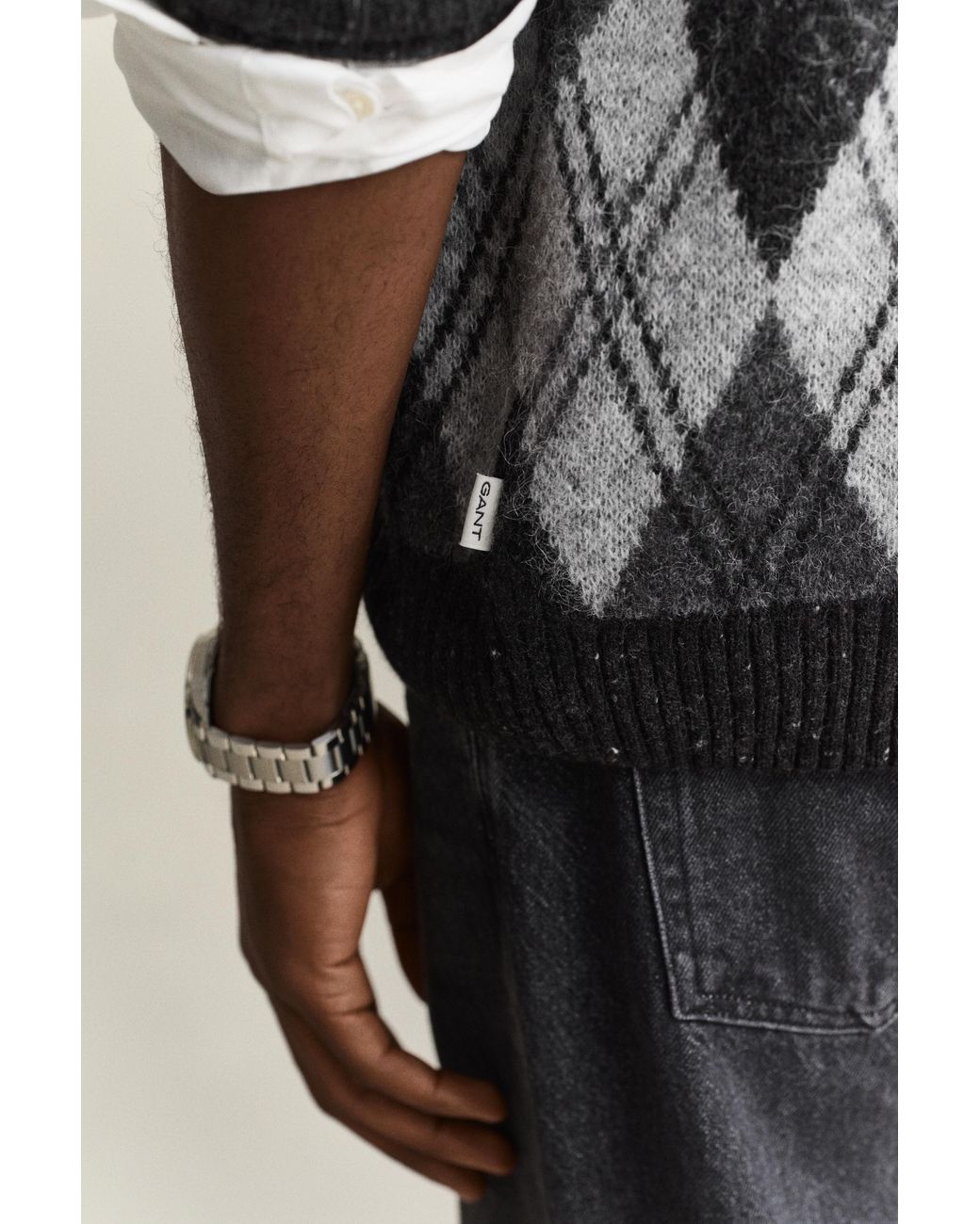 Gant Black Alpaca Wool Blend Argyle Polo Cardigan for men