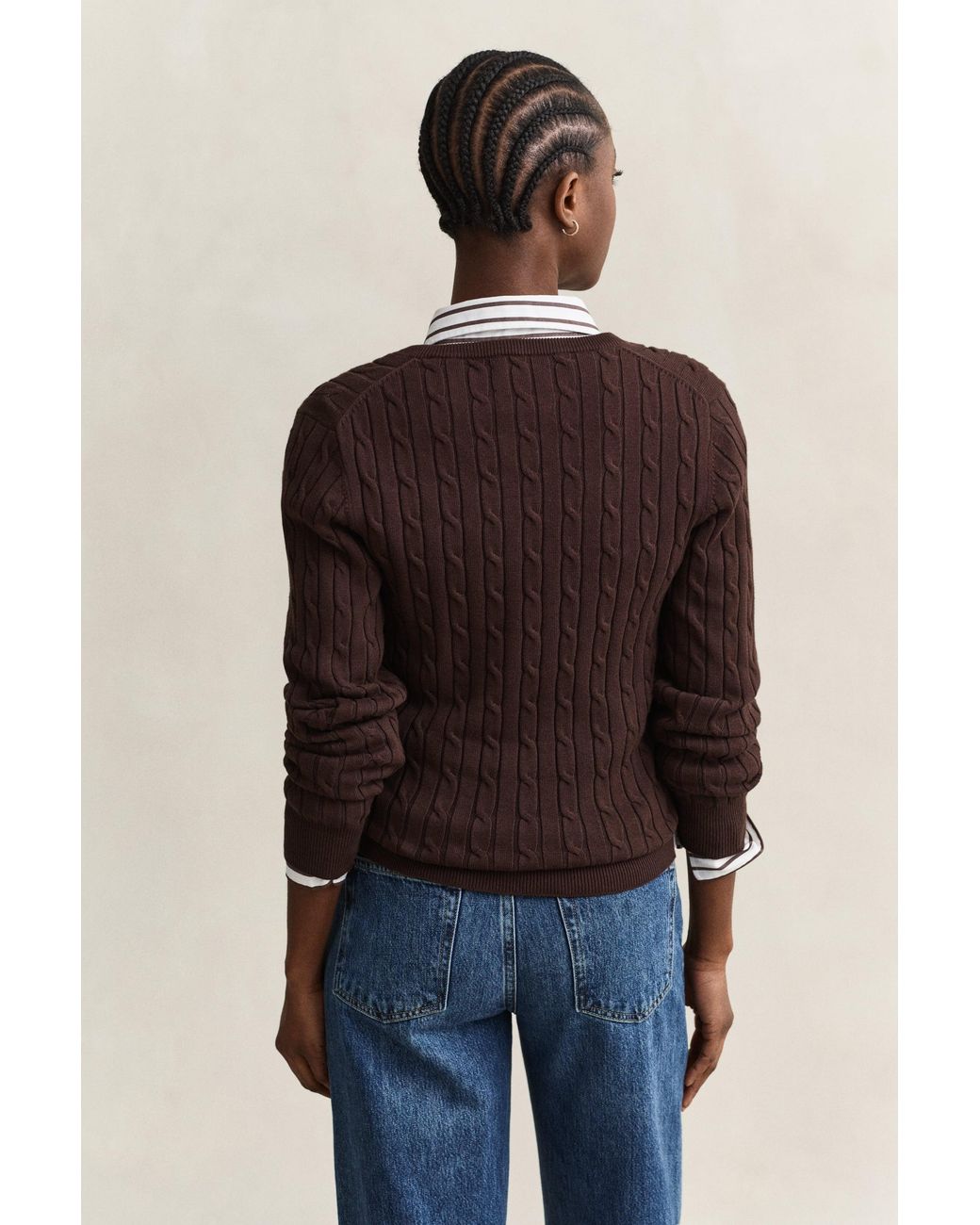 Gant Black Stretch Cotton Cable Knit V-Neck Sweater