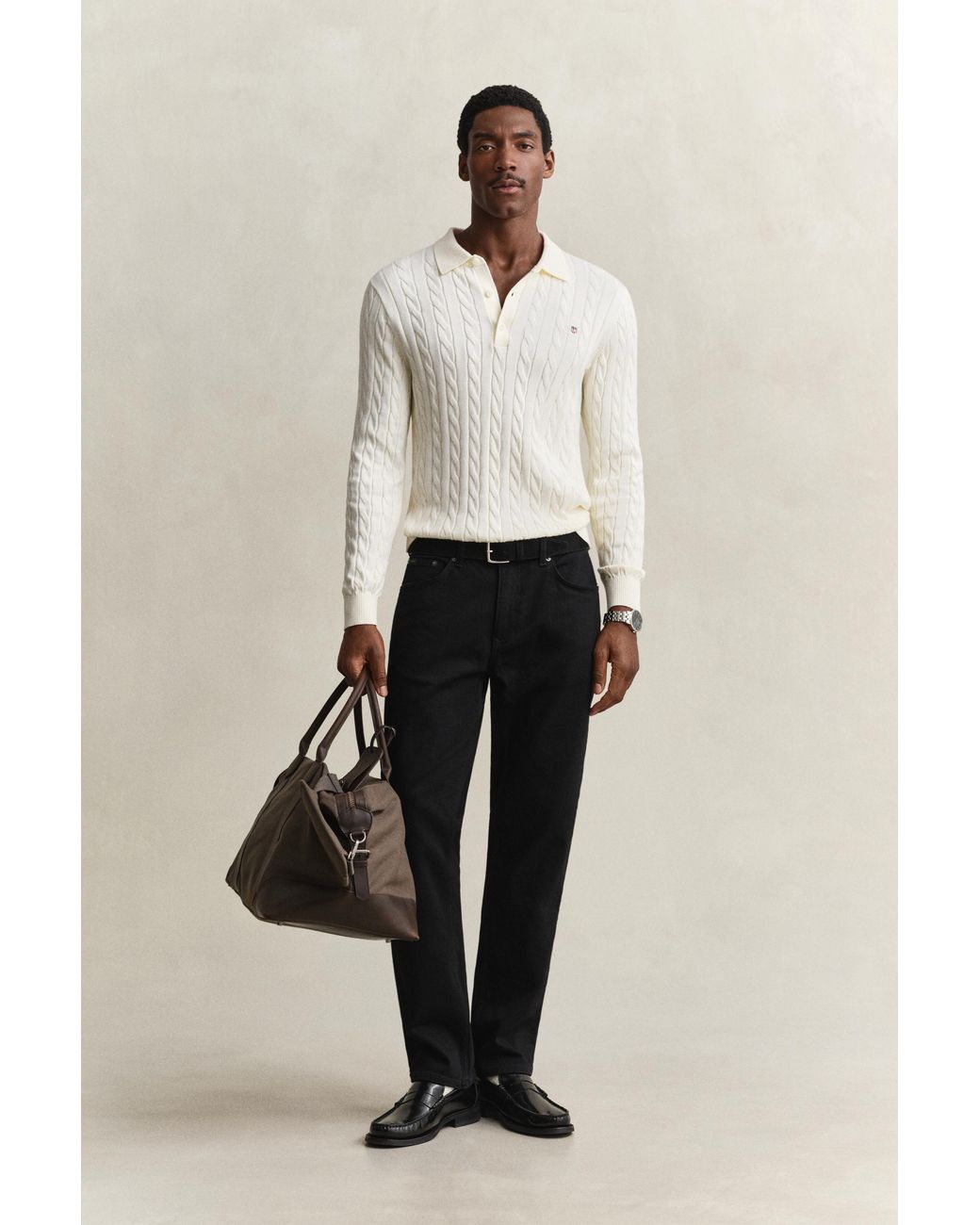 Gant Natural Cotton Cable Knit Polo Sweater Cream for men