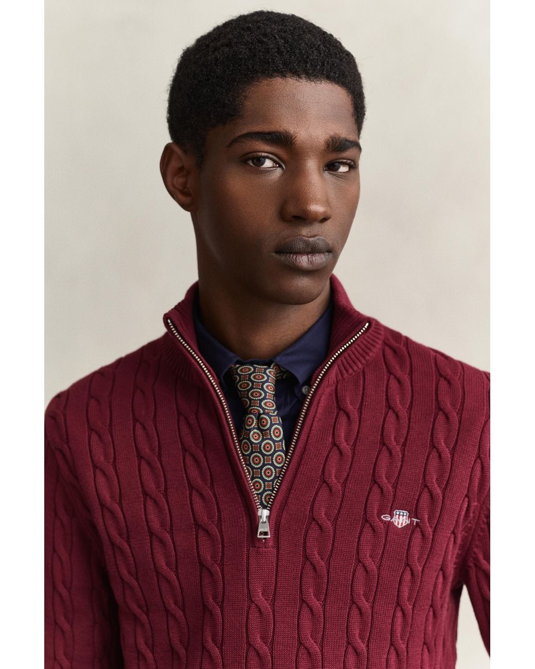 Gant Red Cotton Cable Knit Half-Zip Sweater for men