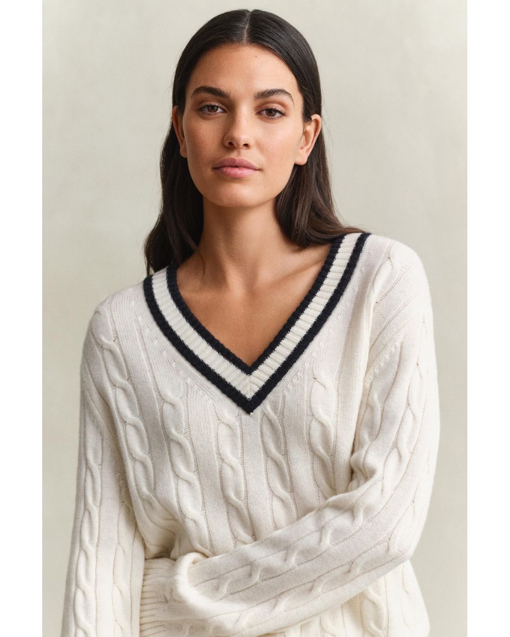 Gant Natural Merino Wool Cable Knit Sweater Cream