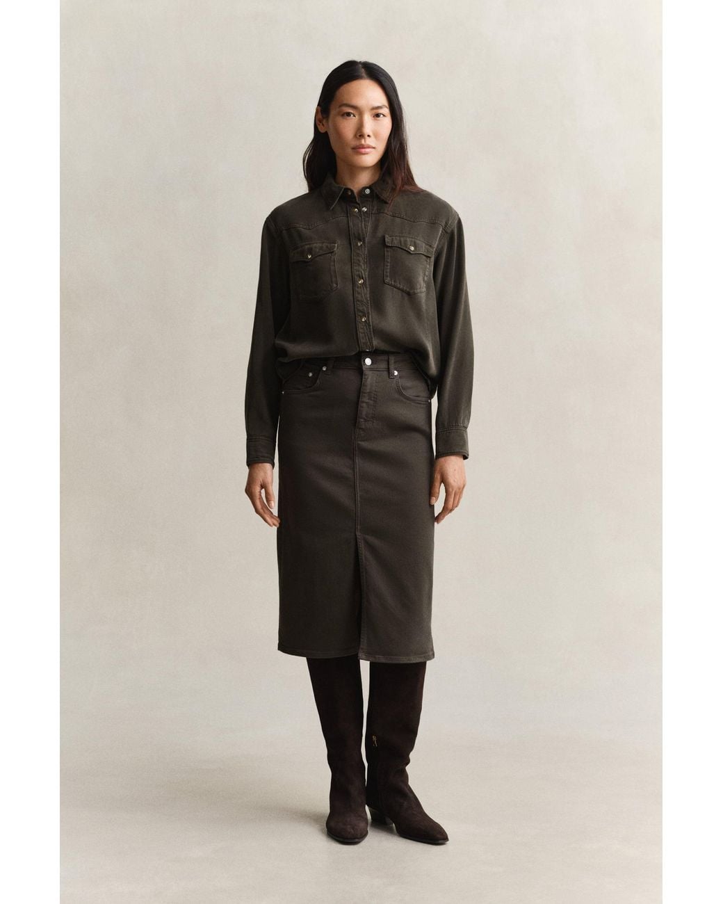 Gant Green Twill Colored Pencil Skirt Dark Moss