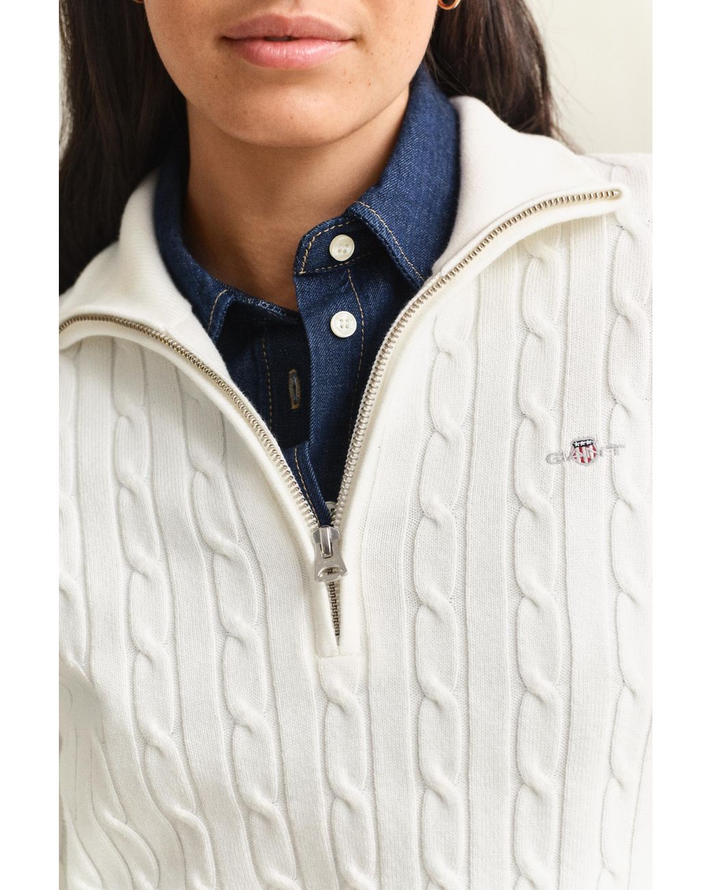 Gant White Stretch Cotton Cable Knit Half-Zip Sweater