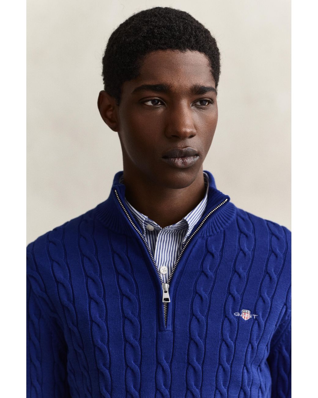Gant Blue Cotton Cable Knit Half-Zip Sweater for men
