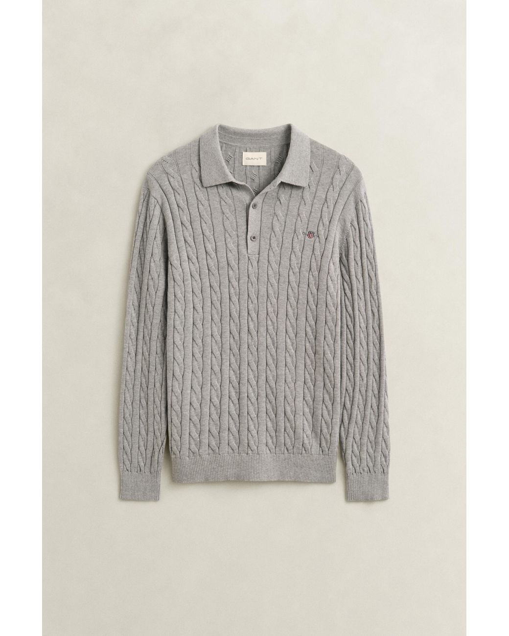 Gant Gray Cotton Cable Knit Polo Sweater Melange for men