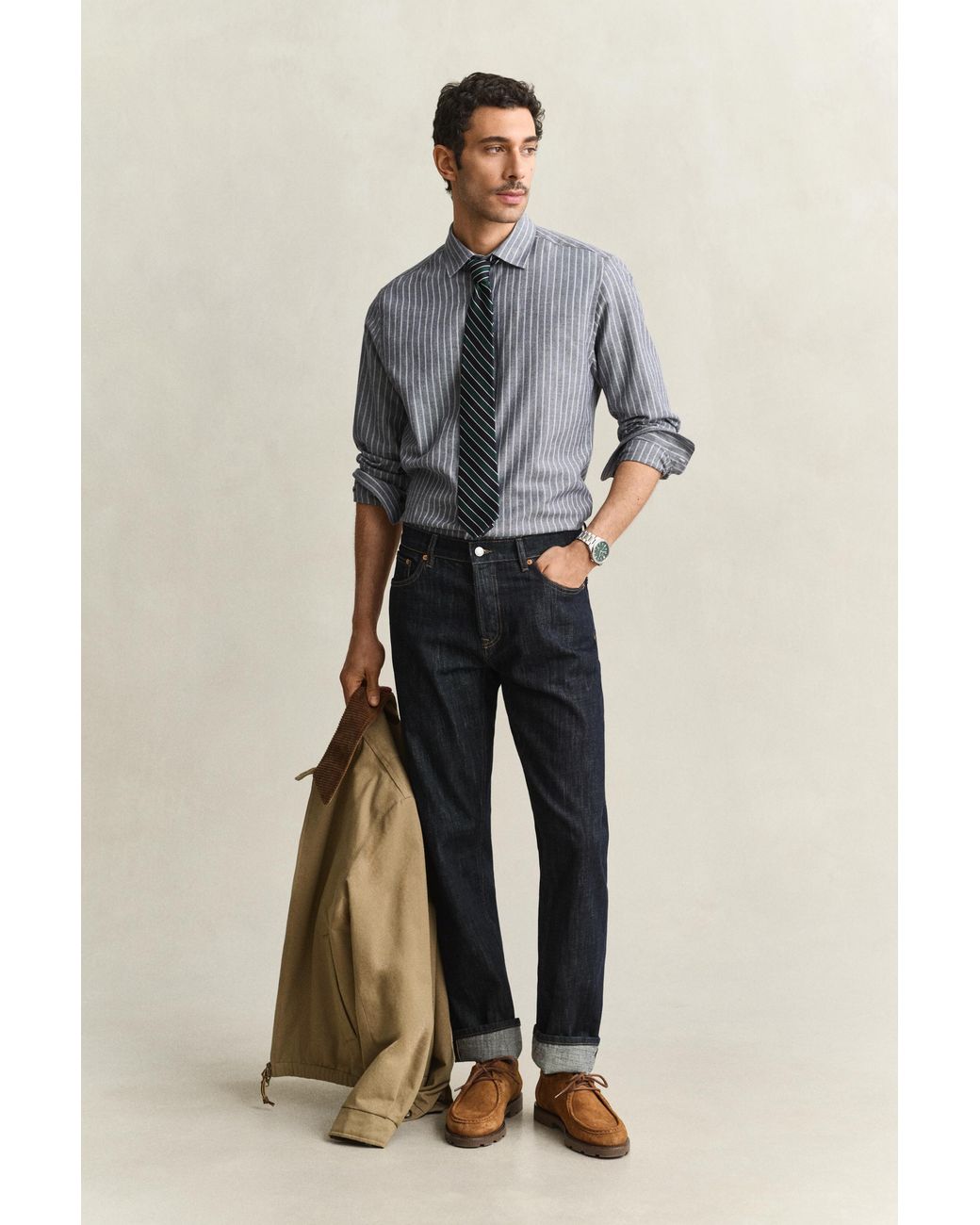 Gant Gray Striped Flannel Mélange Shirt Dark Melange for men