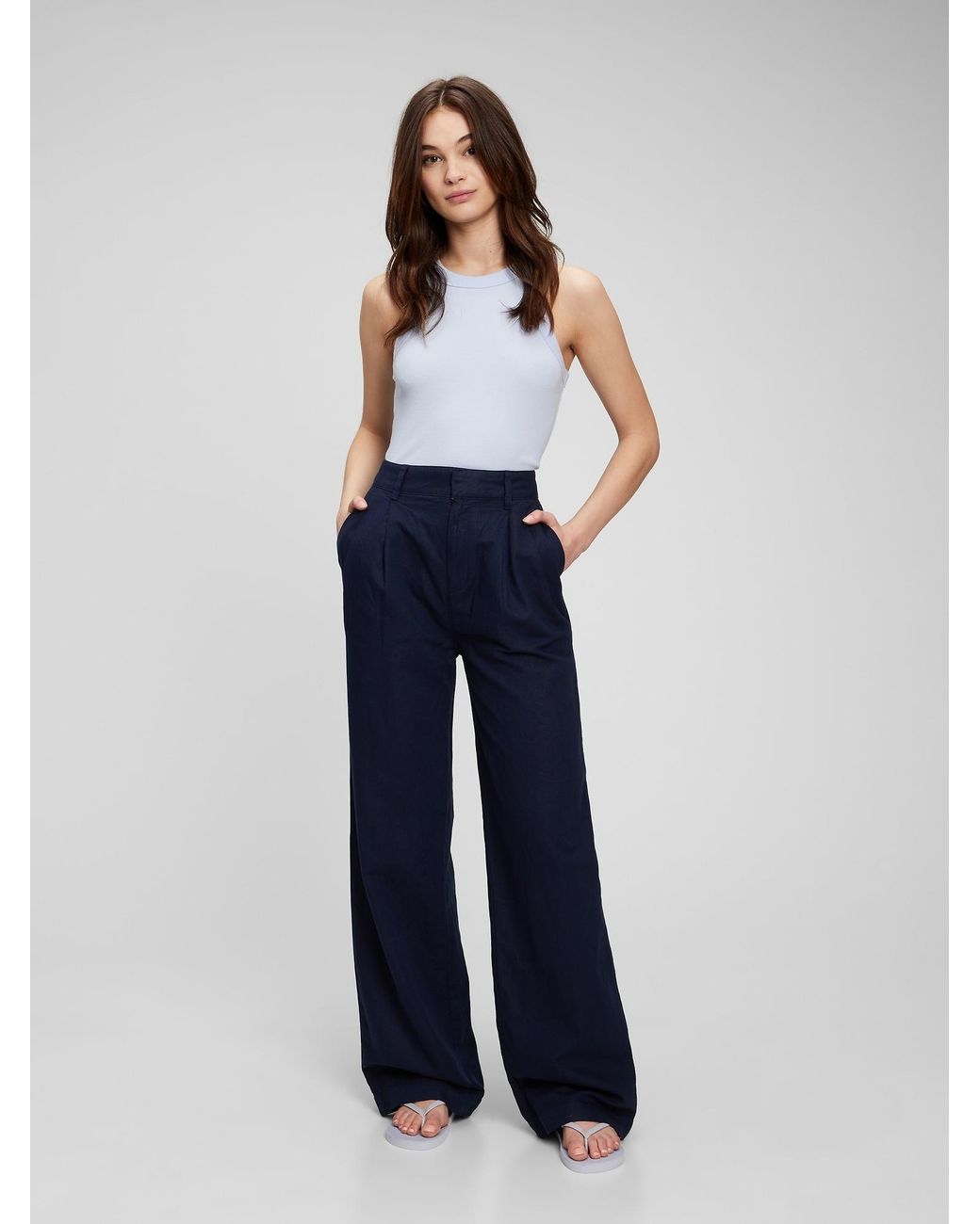 Linen-cotton Pleated Wide Leg Pants 