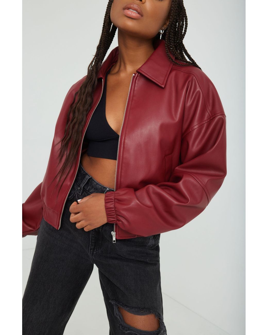 Garage Faux Leather Bomber Jacket in Red | Lyst