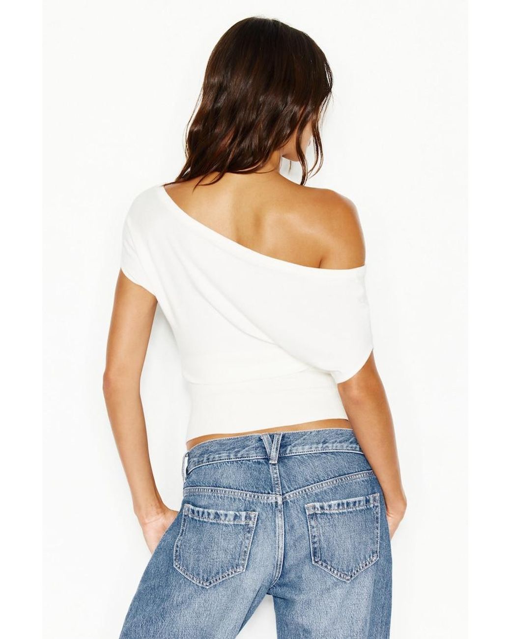 Garage White Off Shoulder Short Sleeve Cinch Waist Top