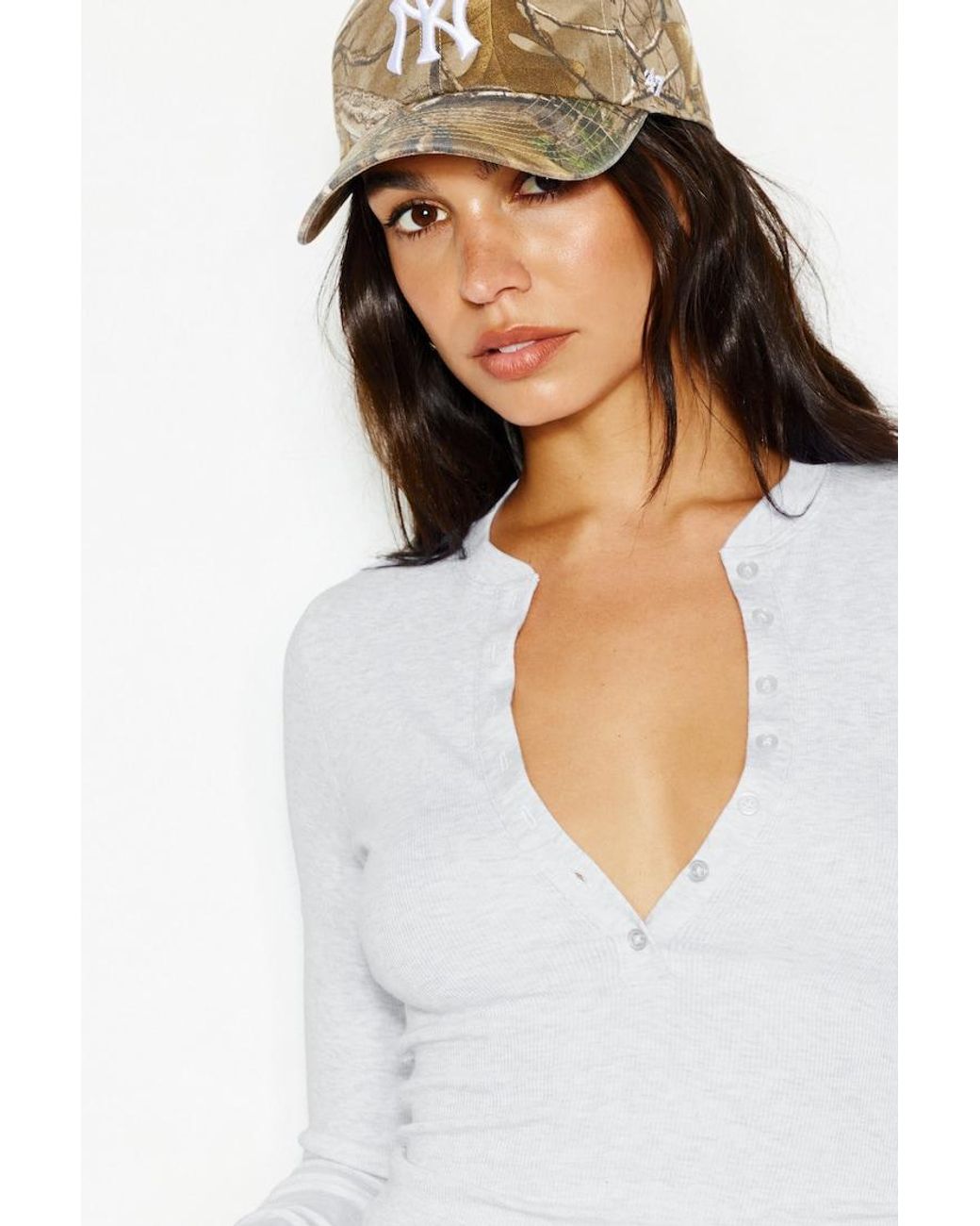 Garage White Snatchrib Crewneck Henley Long Sleeve Top