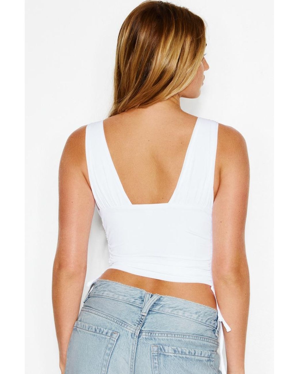 Garage White Plunge Ruched Tie Mesh Top